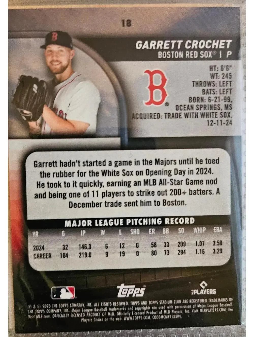2025 Stadium Club Light Blue Foil #18 Garrett Crochet Boston Red Sox